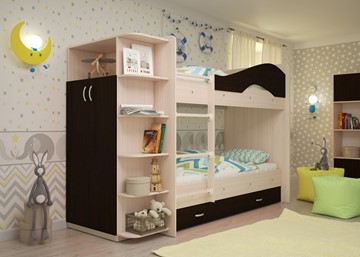 Детская 2-х ярусная кровать Мая на щитах со шкафом и ящиками, корпус Млечный дуб, фасад Венге в Химках