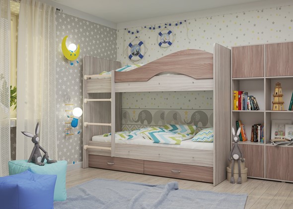 Двухъярусная кровать Мая с 2 ящиками на щитах, корпус Шимо светлый, фасад Шимо темный в Одинцово - изображение