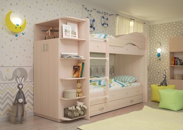 Детская двухъярусная кровать Мая на щитах со шкафом и ящиками, цвет Млечный дуб в Коломне