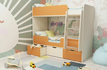 Двухъярусная кровать Малыш двойняшка 70х160, корпус Дуб молочный, фасад Оранжевый в Серпухове