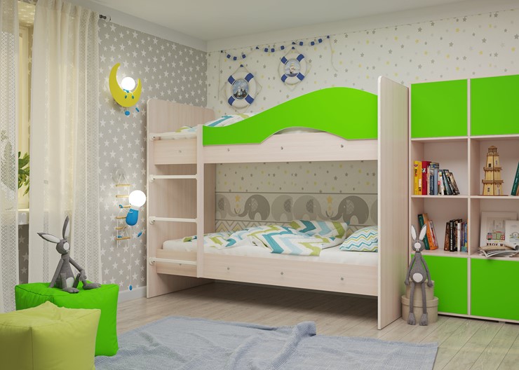 Двухэтажная детская кровать Мая на щитах, корпус Млечный дуб, фасад Салатовый в Подольске - изображение 1