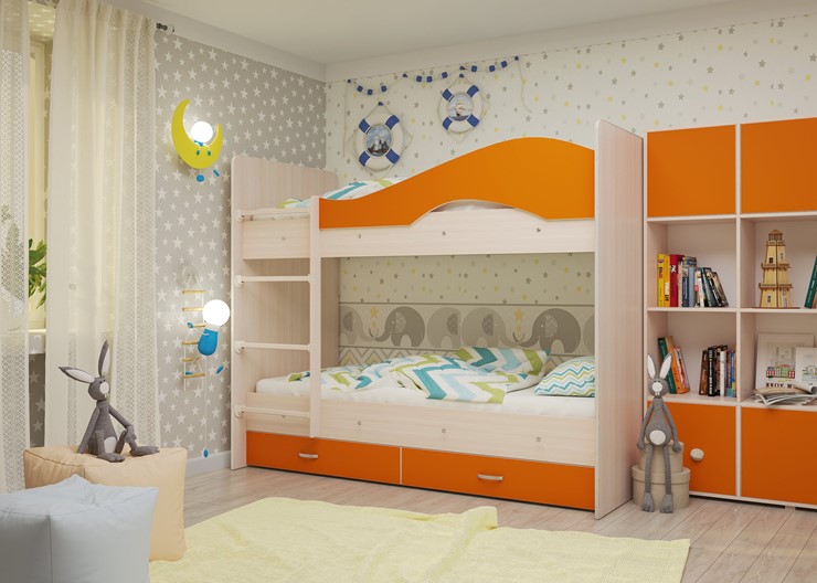 Двухъярусная детская кровать Мая на щитах со шкафом и ящиками, корпус Млечный дуб, фасад Оранжевый в Москве - изображение 1