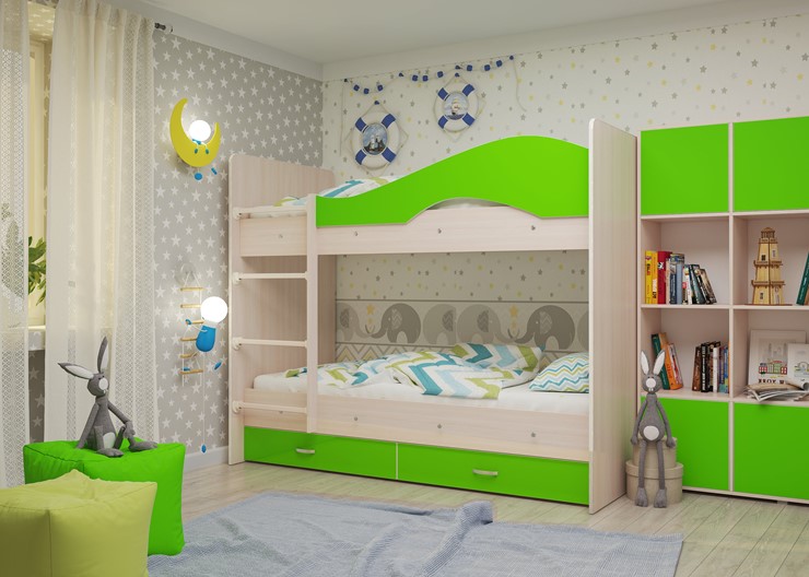 Детская 2-ярусная кровать Мая на щитах со шкафом и ящиками, корпус Млечный дуб, фасад Салатовый в Москве - изображение 1