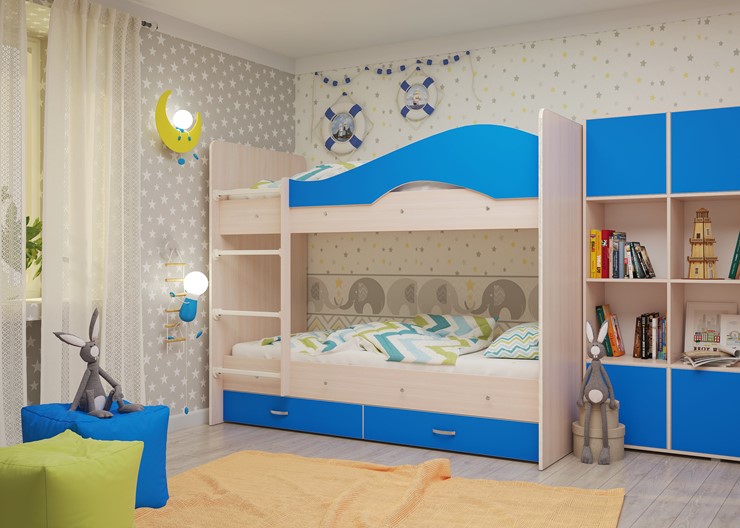 Детская двухэтажная кровать Мая на щитах со шкафом и ящиками, корпус Млечный дуб, фасад Синий в Москве - изображение 2