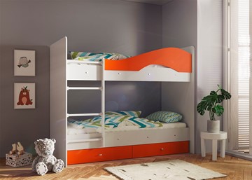 Кровать 2-ярусная Мая с 2 ящиками на щитах, корпус Млечный дуб, фасад Оранжевый в Серпухове - предосмотр