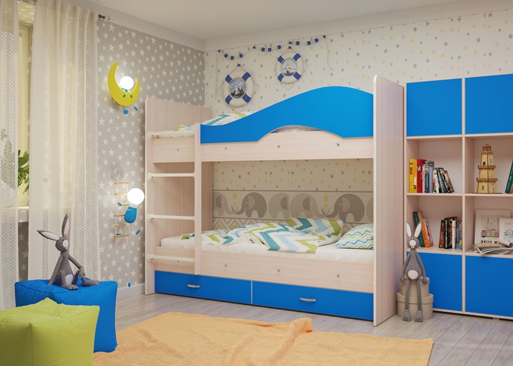Детская 2-этажная кровать Мая с 2 ящиками на щитах, корпус Млечный дуб, фасад Синий в Серпухове - изображение 3