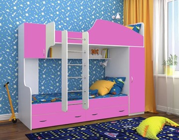 Детская двухэтажная кровать Юниор-2, каркас Белое дерево, фасад Розовый в Одинцово