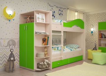 Детская 2-ярусная кровать Мая на щитах со шкафом и ящиками, корпус Млечный дуб, фасад Салатовый в Одинцово