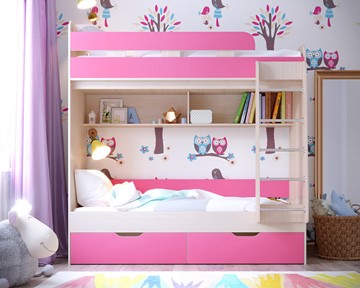 Детская 2-х ярусная кровать Ярофф Юниор-5, каркас Дуб, фасад Розовый в Одинцово