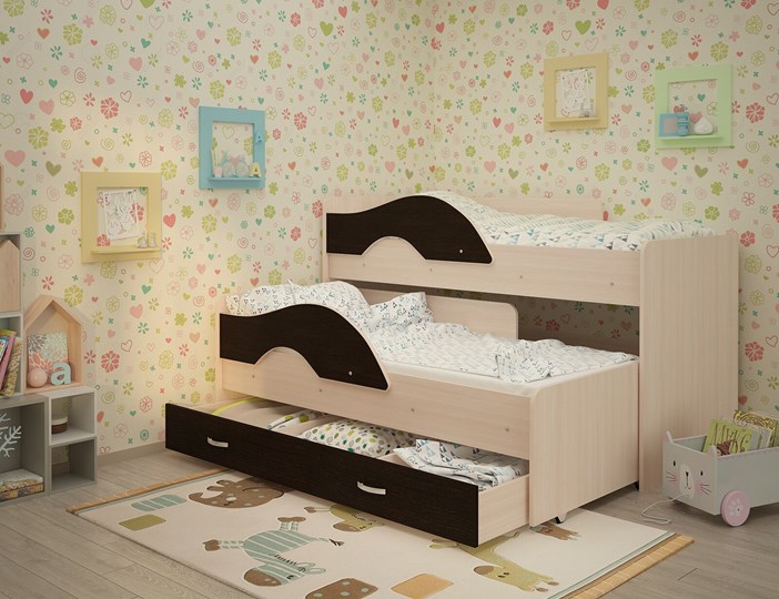 Двухэтажная детская кровать Радуга 1.6 с ящиком, корпус Млечный дуб, фасад Венге в Москве - изображение 1