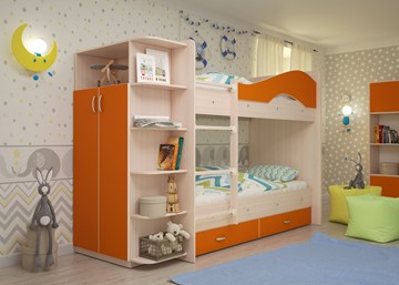 Двухъярусная детская кровать Мая на щитах со шкафом и ящиками, корпус Млечный дуб, фасад Оранжевый в Москве - предосмотр
