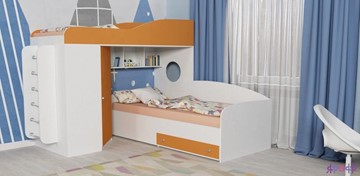 Кровать-чердак детская Кадет-2 с металлической лестницей, корпус Белое дерево, фасад Оранжевый в Химках