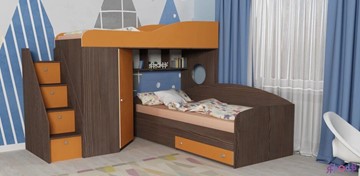 Детская кровать-шкаф Кадет-2 с универсальной лестницей, корпус Ясень анкор темный, фасад Оранжевый в Подольске