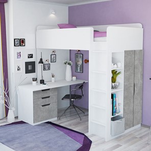 Детская кровать с письменным столом и шкафом POLINI Kids Simple Белый / Бетон в Подольске - предосмотр 1
