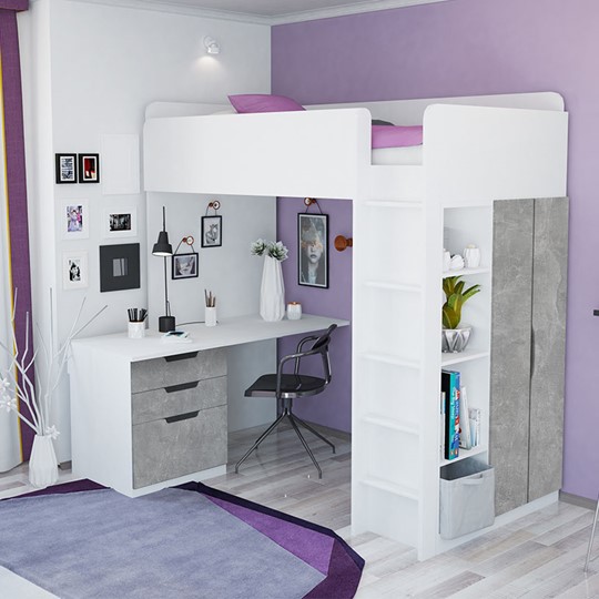 Детская кровать с письменным столом и шкафом POLINI Kids Simple Белый / Бетон в Подольске - изображение 1