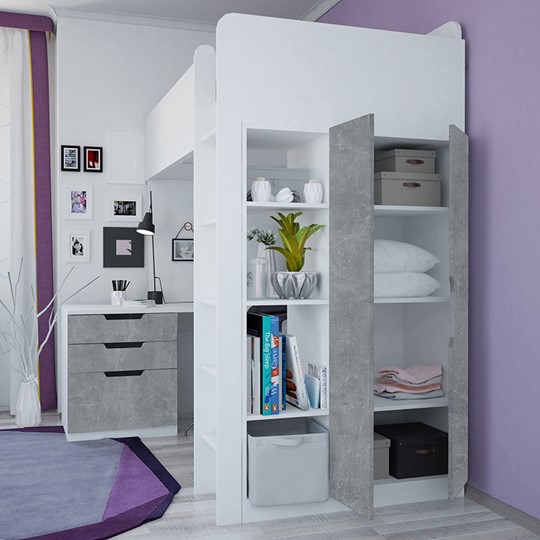 Детская кровать с письменным столом и шкафом POLINI Kids Simple Белый / Бетон в Химках - изображение 2