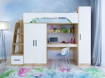 Детская кровать-чердак с шкафом Тея, каркас Ясень, фасад Белый в Одинцово
