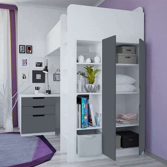Кровать 2-х ярусная с письменным столом и шкафом POLINI Kids Simple Белый / Серый в Москве - изображение 1