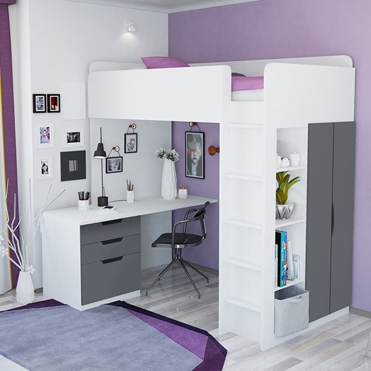 Кровать 2-х ярусная с письменным столом и шкафом POLINI Kids Simple Белый / Серый в Подольске - изображение 3