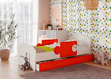 Кровать детская с ящиком и бортиками Мозайка, корпус Белый/фасад Оранжевый (ламели) в Подольске
