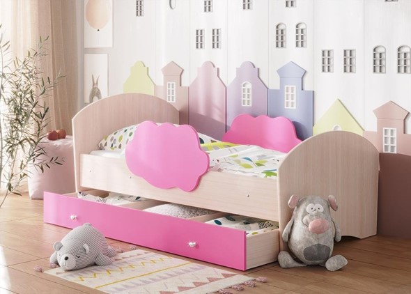 Детская кровать Тучка с ящиком, корпус Дуб млечный, фасад Розовый в Подольске - изображение
