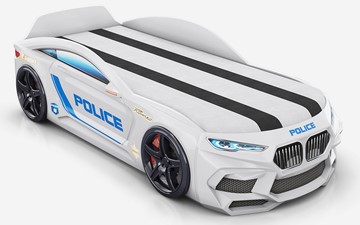 Кровать-машина Romeo-М Police + подсветка фар, ящик, матрас, Белый в Подольске - предосмотр