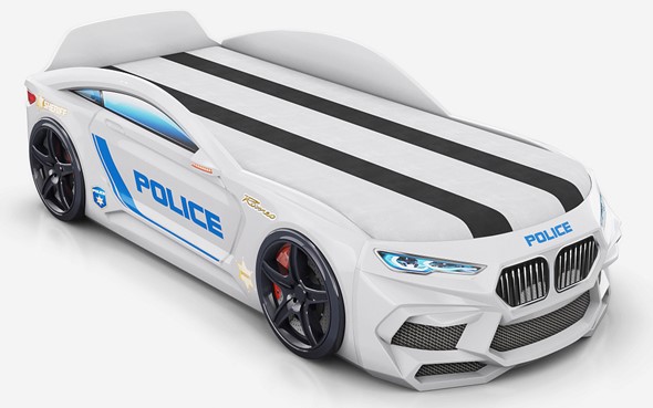 Кровать-машина Romeo-М Police + подсветка фар, ящик, матрас, Белый в Подольске - изображение