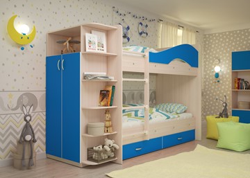 Детская двухэтажная кровать Мая на щитах со шкафом и ящиками, корпус Млечный дуб, фасад Синий в Серпухове