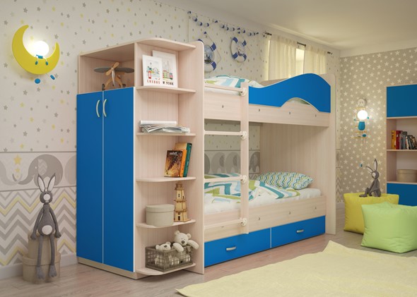 Детская двухэтажная кровать Мая на щитах со шкафом и ящиками, корпус Млечный дуб, фасад Синий в Москве - изображение
