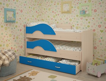 Детская двухэтажная кровать Радуга 1.6 с ящиком, корпус Млечный дуб, фасад Синий в Одинцово