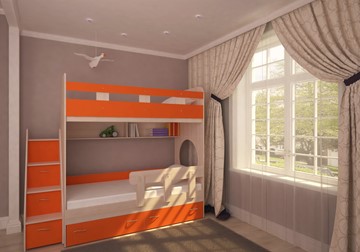 Детская двухъярусная кровать Юниор-1 с бортом, каркас Дуб, фасад Оранжевый в Химках