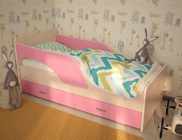 Детская кровать с бортиками Максимка, корпус Млечный дуб, фасад Розовый в Серпухове