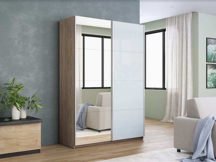 Шкаф 2-х дверный Прайм (Зеркало/Белое стекло) 1400x570x2300, дуб сонома в Одинцово - изображение 6