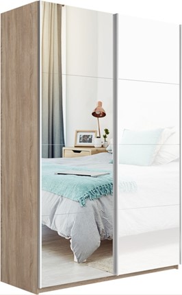 Шкаф 2-х дверный Прайм (Зеркало/Белое стекло) 1400x570x2300, дуб сонома в Серпухове - изображение