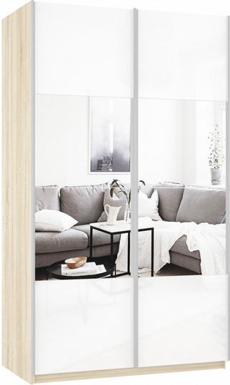 Шкаф 2-х дверный Прайм (Зеркало/Белое стекло) 1400x570x2300, дуб сонома в Серпухове - изображение 2
