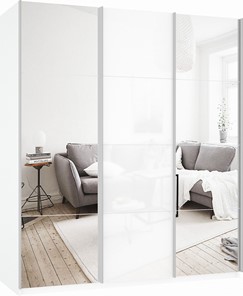 Шкаф 3-х дверный Прайм (Зеркало/Белое стекло/Зеркало) 1800x570x2300, белый снег в Москве