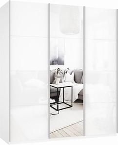 Шкаф 3-х створчатый Прайм (Белое стекло/Зеркало/Белое стекло) 2100x570x2300, белый снег в Москве