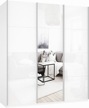 Шкаф 3-х створчатый Прайм (Белое стекло/Зеркало/Белое стекло) 2100x570x2300, белый снег в Москве - изображение