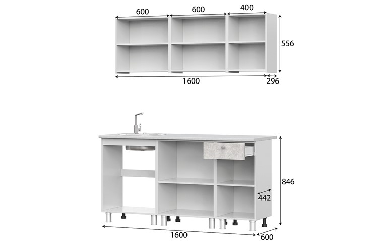 Гарнитур кухонный КГ-1 1600, белый/белый/цемент светлый/антарес в Одинцово - изображение 2