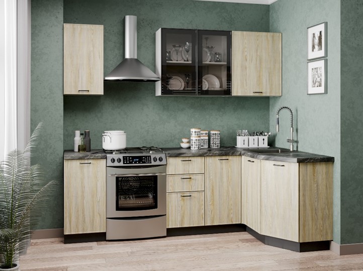 Гарнитур кухонный угловой 2400 Индиго, Белый/Дуб мадейра топаз в Подольске - изображение