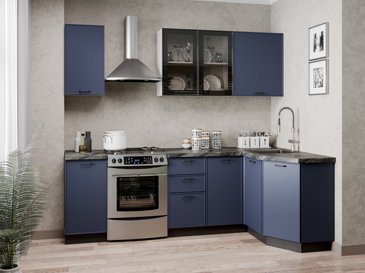 Гарнитур кухонный угловой 2400 Индиго, Белый/Темно-синий в Одинцово - изображение