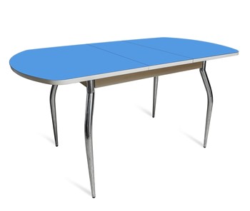 Кухонный раскладной стол ПГ-02 СТ2, дуб молочный/синие стекло/35 хром гнутые металл в Серпухове