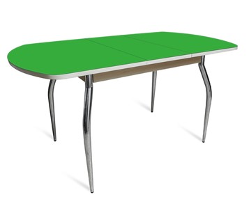 Кухонный раздвижной стол ПГ-07 СТ2, дуб молочный/зеленое стекло/35 хром гнутые металл в Одинцово