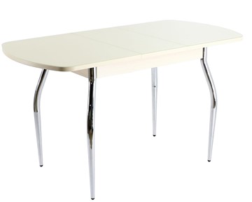 Кухонный раздвижной стол ПГ-07 СТ1, дуб молочный/белое стекло/35 хром гнутые в Подольске