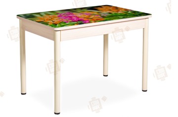 Кухонный раздвижной стол Айсберг-02 СТФ, Дуб ЛДСП/полевые цветы/ноги крашеные в Подольске