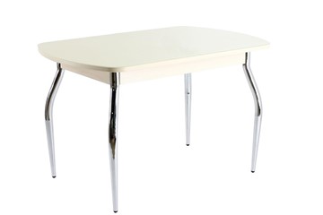 Кухонный обеденный стол ПГ-05 СТ1, дуб молочный/песочное стекло/35 хром гнутые металл в Подольске