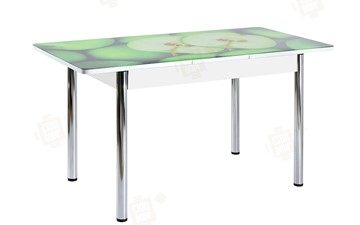 Кухонный стол раздвижной Айсберг-01 СТФ, белый/фотопечать зеленые яблоки/ноги хром круглые в Химках
