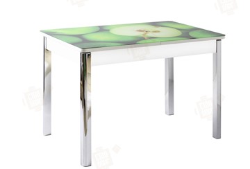Кухонный раскладной стол Айсберг-01 СТФ, белый/фотопечать зеленые яблоки/ноги хром квадратные в Химках