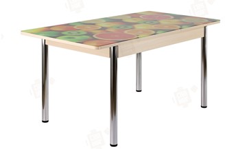 Кухонный стол раскладной Айсберг-01 СТФ, дуб/фотопечать фрукты/ноги хром прямые круглые в Химках