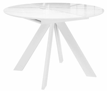 Стол обеденный раздвижной DikLine SFC110 d1100 стекло Оптивайт Белый мрамор/подстолье белое/опоры белые в Серпухове